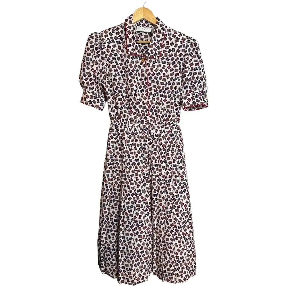 Vintage 80s Geometric Print Midi Dress Collared Structured Secretary Womens 10 - Picture 1 of 9